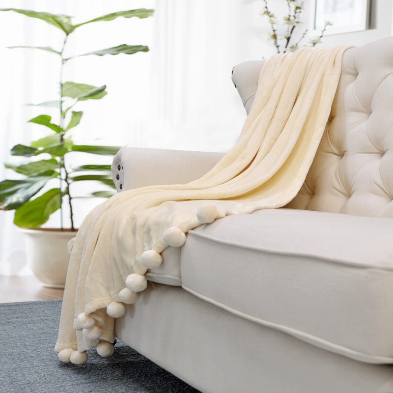 Home Soft Things Pompom Bed Couch Throw Blanket, 50'' x 60'', Antique White, Fuzzy Soft Comfy Warm Decorative Throw Blanket for Living Room Bedroom Suitable for All Seasons - Image 3